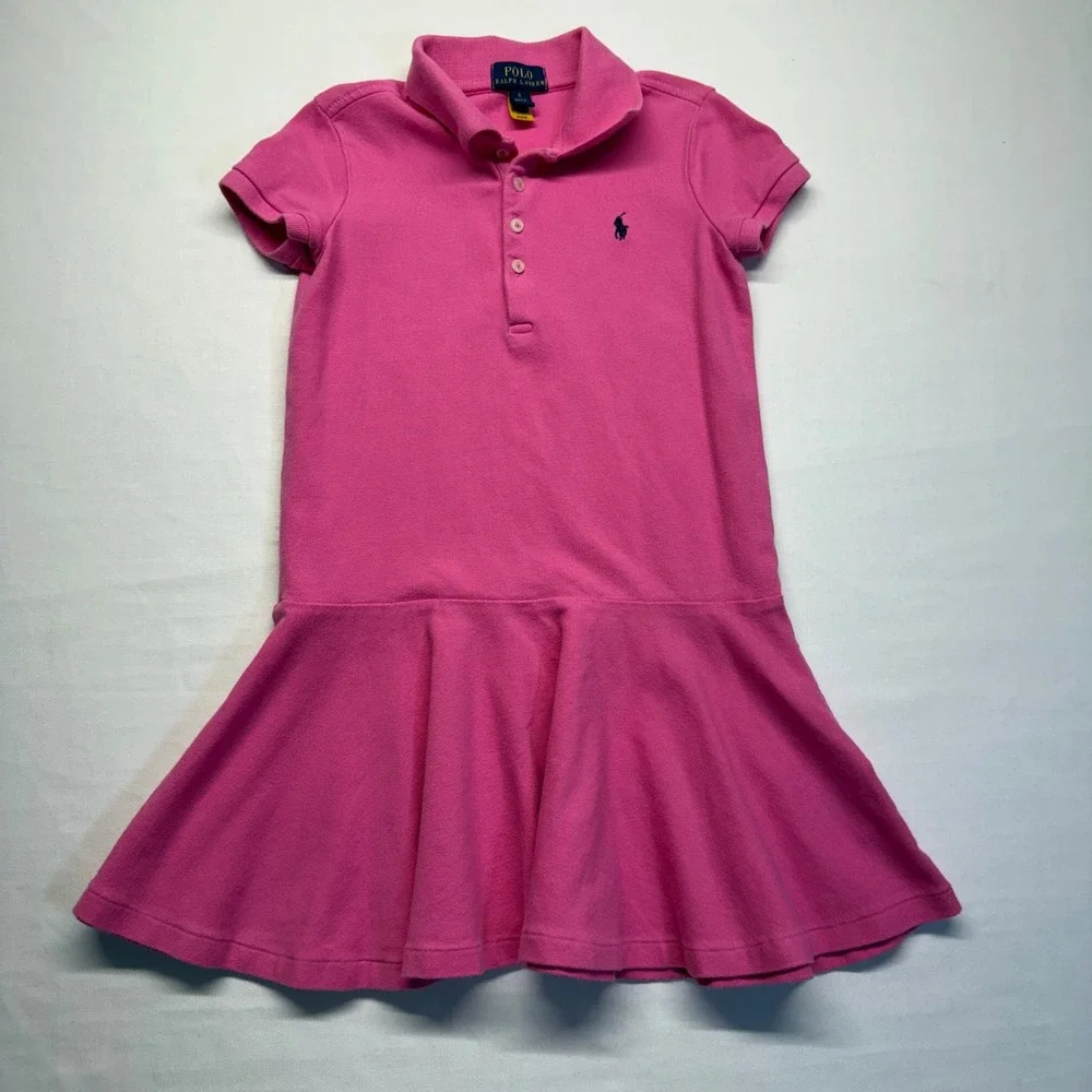 Polo Ralph Lauren Girls Pink Pique Polo Dress Size 6 Drop Waist Cotton